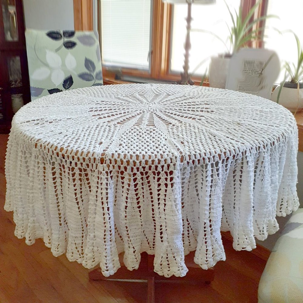 Vintage round crocheted tablecloth. White with very pale yellow border 54" Boho
